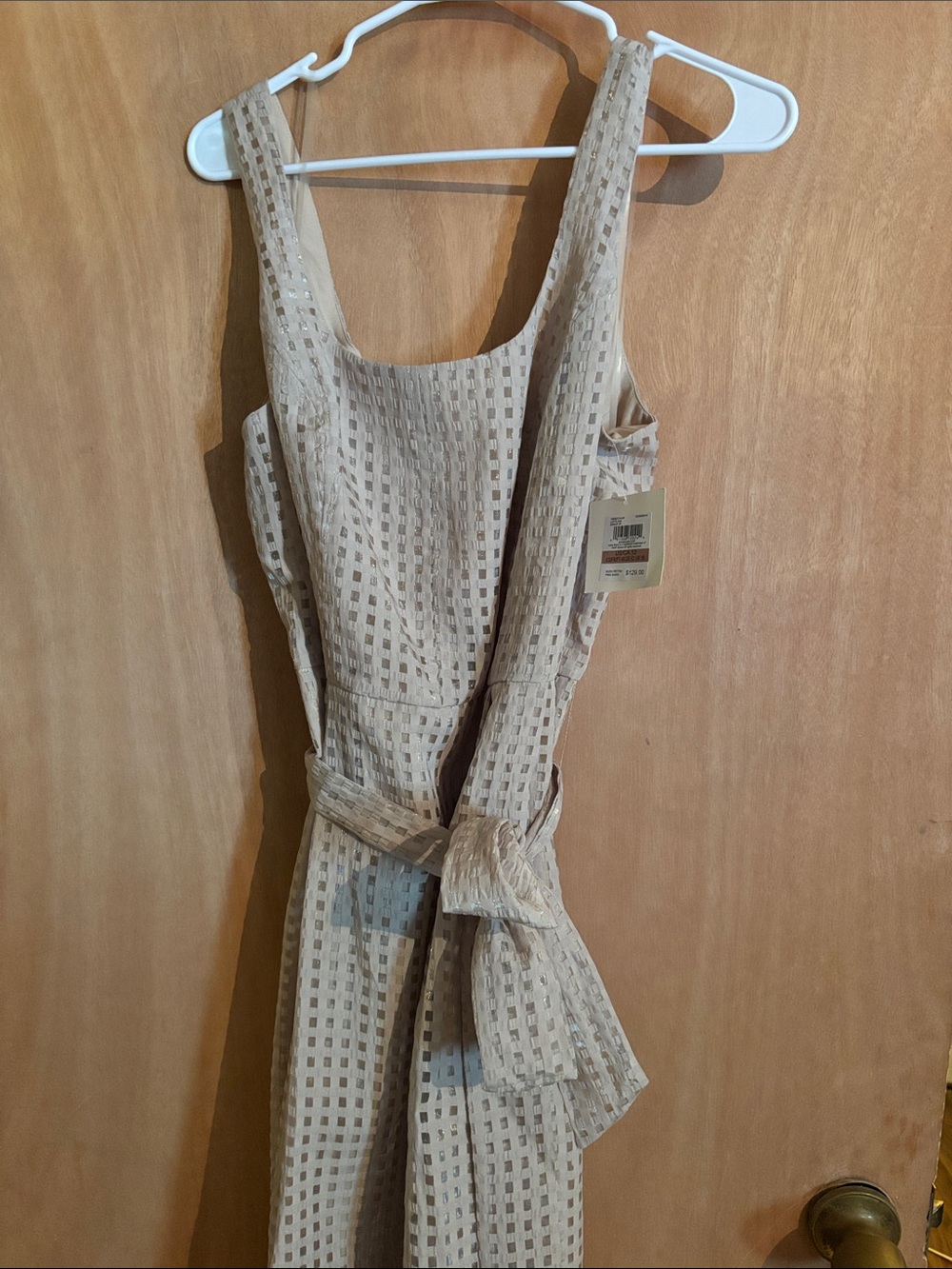 Anne Klein Beige Checkered Tie-Waist Midi Dress